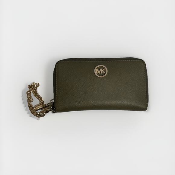 Michael Kors Zip Around Wallet Olive Green Saffiano Leather Gold Chain MK Logo - Picture 1 of 8